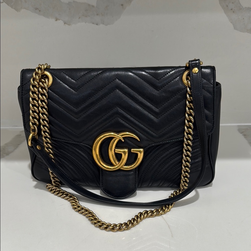Gucci Medium GG Matelassé Leather Shoulder Bag - Black